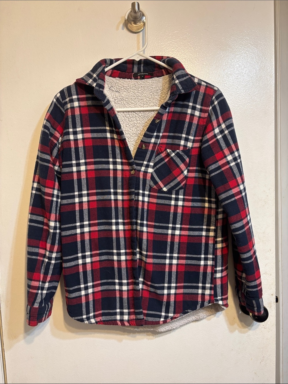 Ambiance Red, Navy & White Plaid Sherpa-Lined Hoodie Shirt